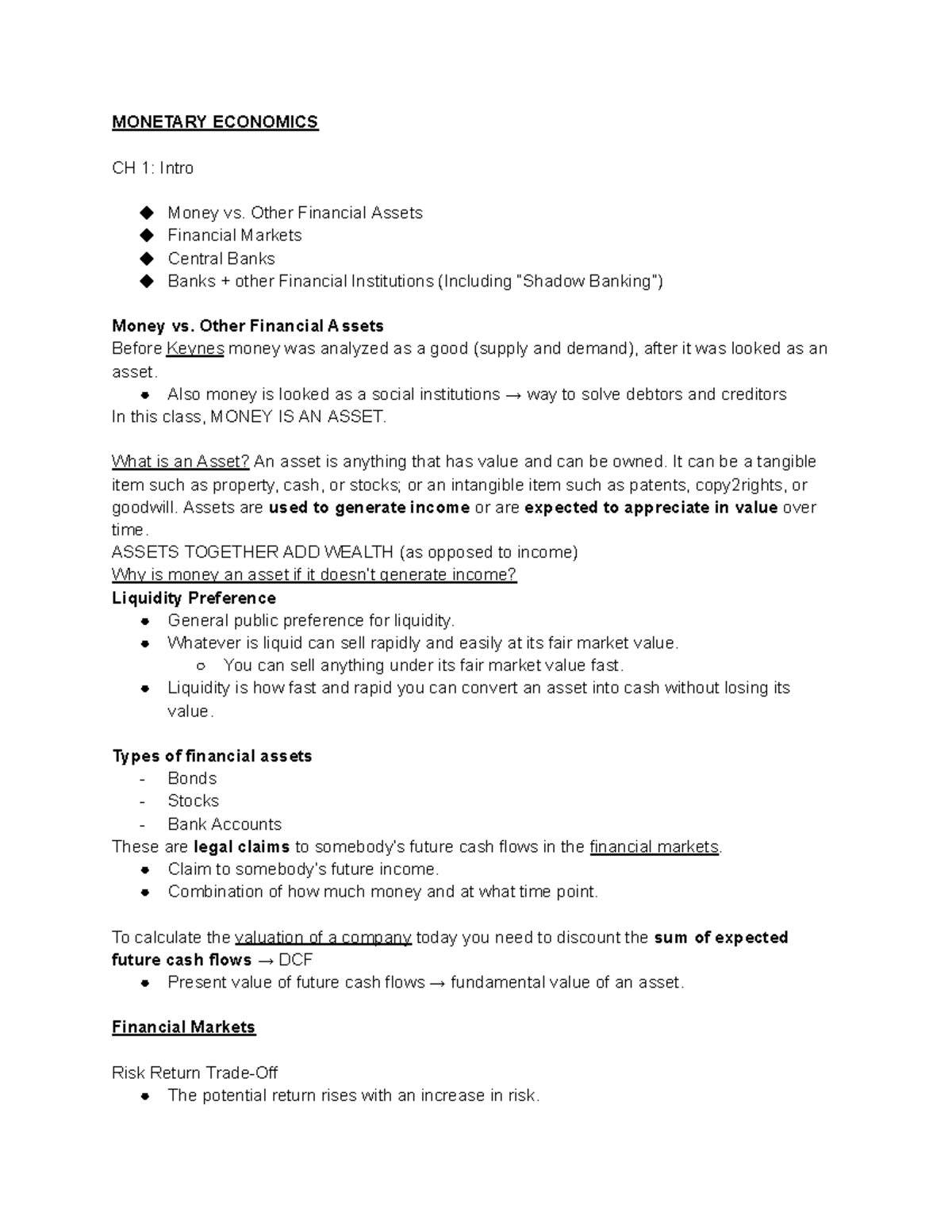 Notes ECO125 - Google Docs - MONETARY ECONOMICS CH 1: Intro Money vs ...