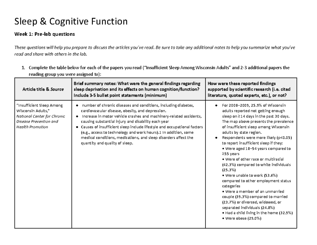 Copy of 151 lab-Sleep week1 pre-lab - Sleep & Cognitive Function Week 1 ...