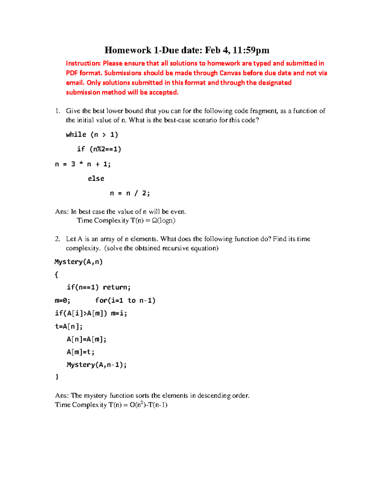 Homework 1 - Homework 1-Due Date: Feb 4, 11:59pm Instruction: Please ...