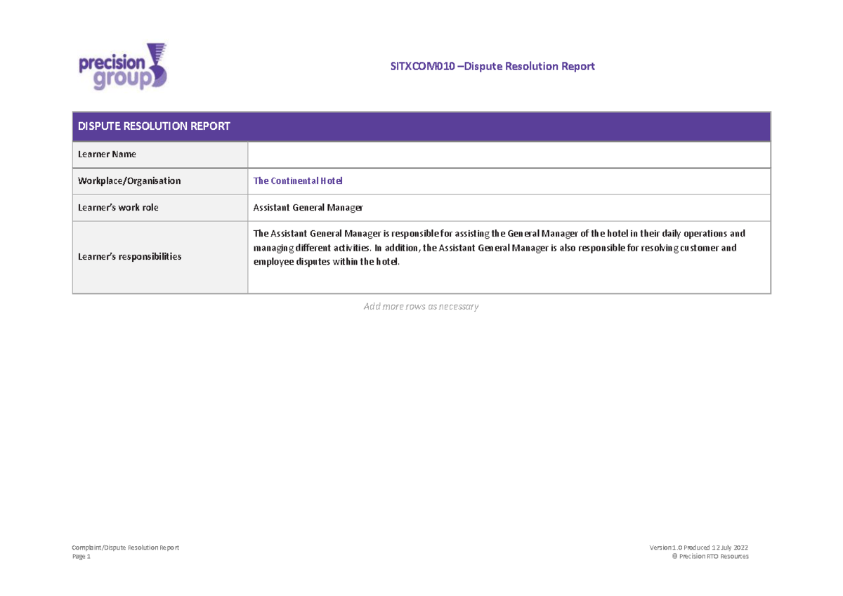 Employee Dispute Report 2 - SITXCOM010 – Dispute Resolution Report ...