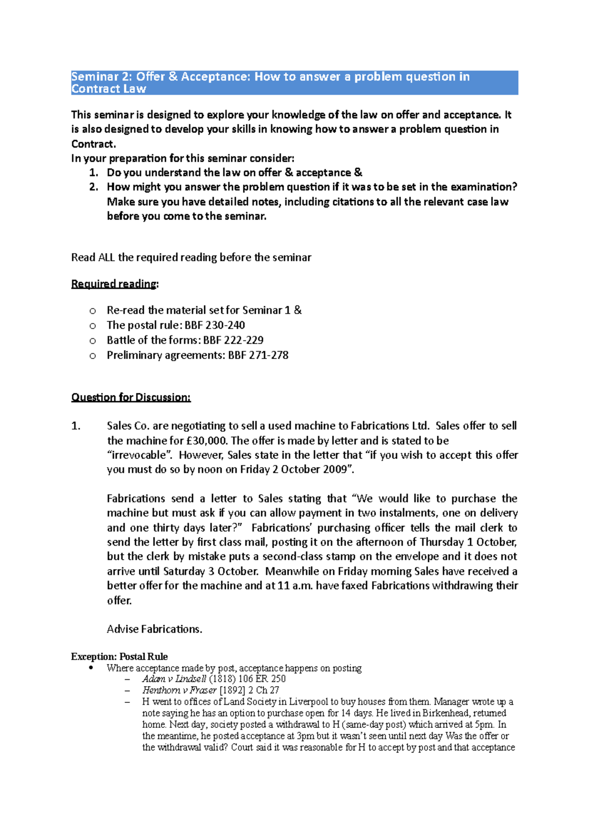 Contract Seminar 2 - Seminar 2: Offer & Acceptance: How to answer a ...