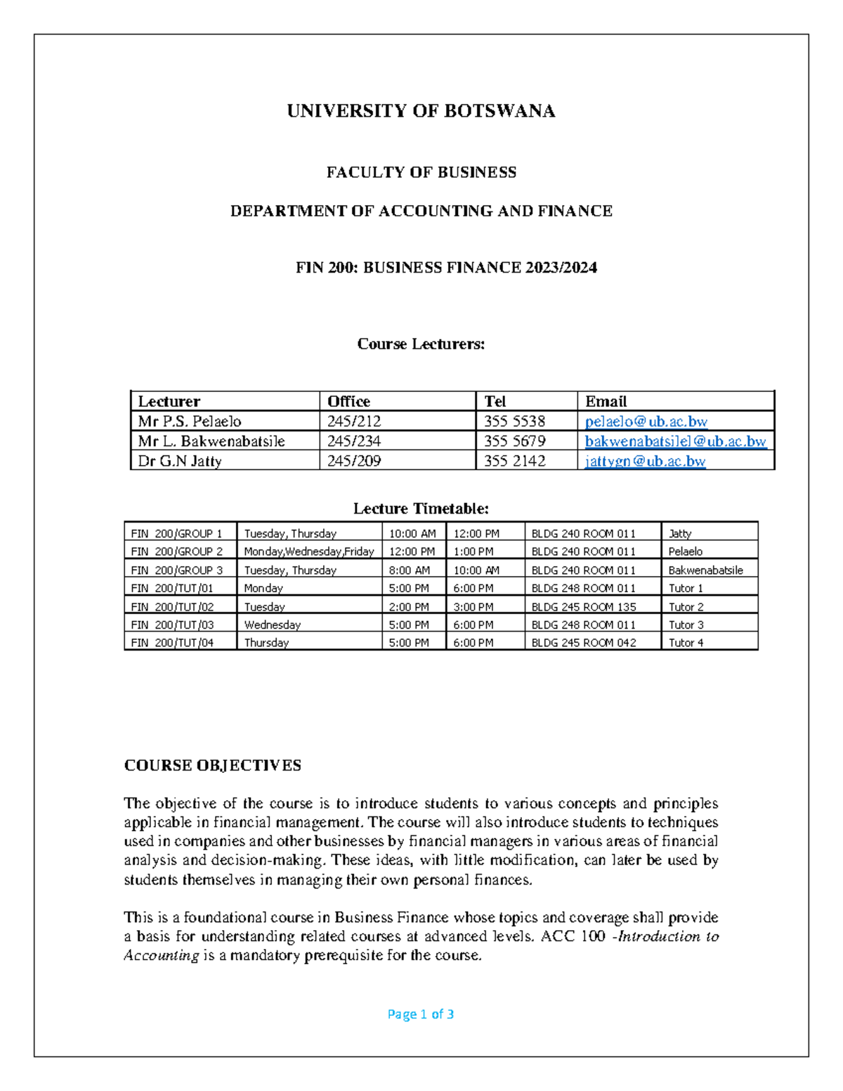 FIN 200 Tentative Course Outline 2023 - Page 1 of 3 UNIVERSITY OF