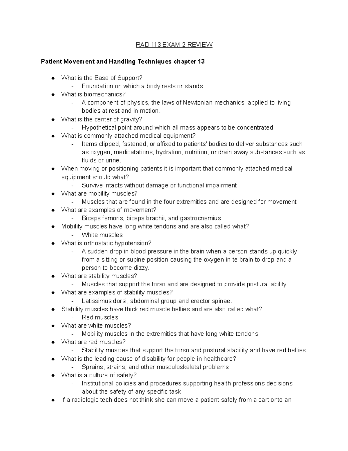 RAD 113 Exam 2 review RAD 113 EXAM 2 REVIEW Patient Movement and