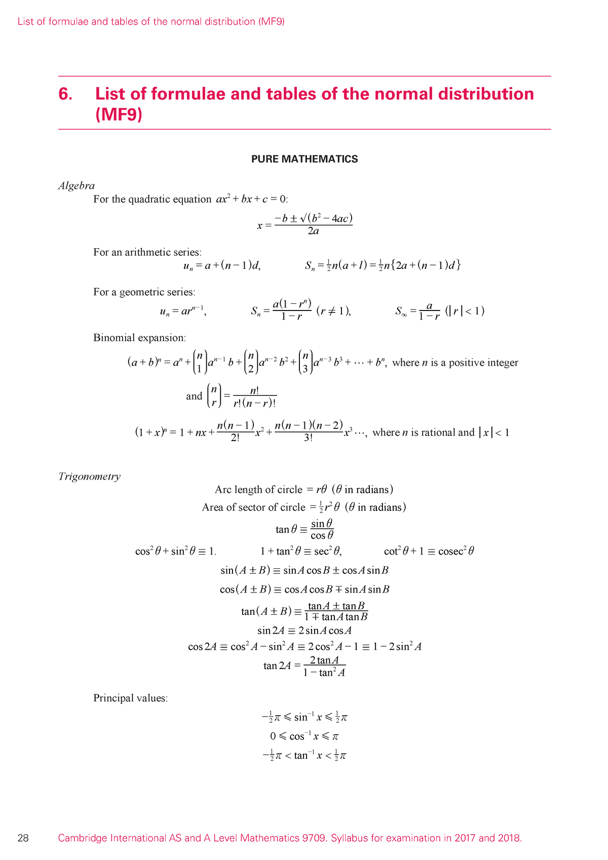 A Level Mathematics Formula sheet - 6. List of formulae and tables of ...