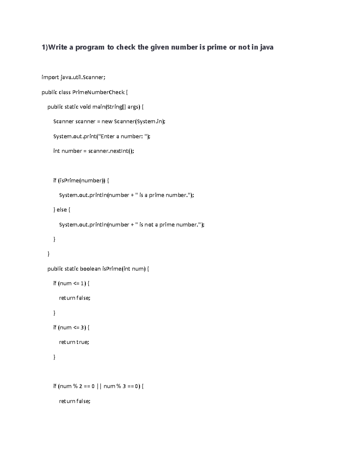 Java - 1)Write a program to check the given number is prime or not in ...