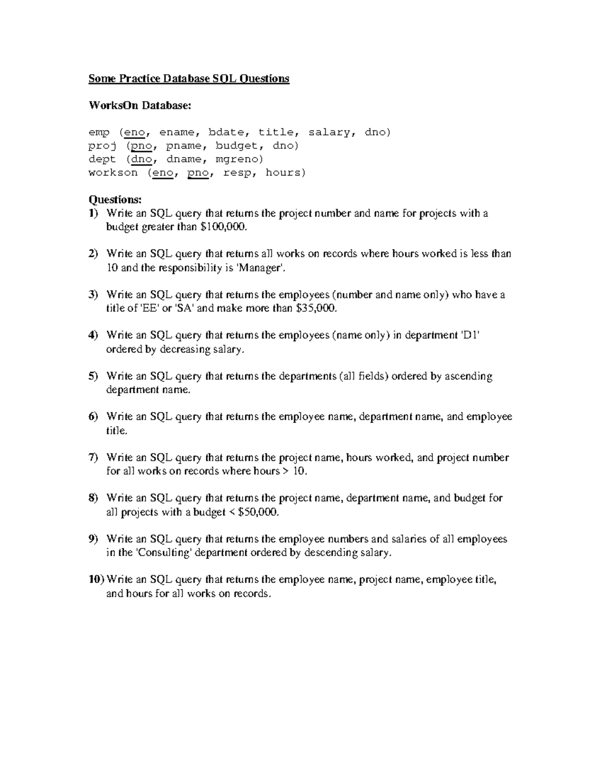 SQLPractice Questions - Some Practice Database SQL Questions WorksOn ...