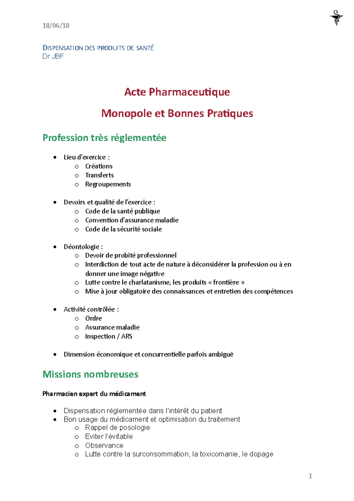Dispensation des produits de sante 18/06/18 DISPENSATION DES PRODUITS