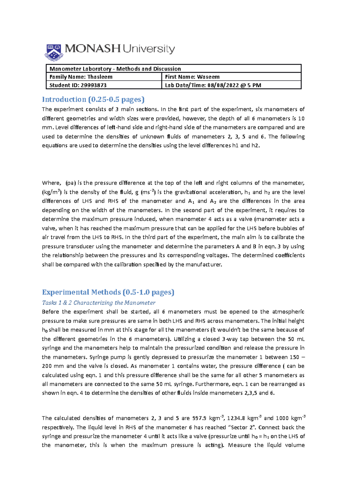 Manometer Lab Report Template 2020 S2 Manometer Laboratory Methods