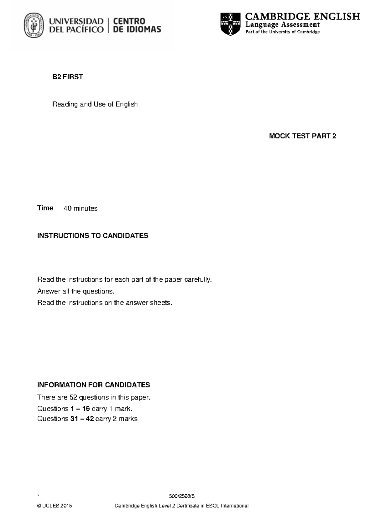Final exam - B2 FIRST Reading and Use of English MOCK TEST PART 2 Time ...