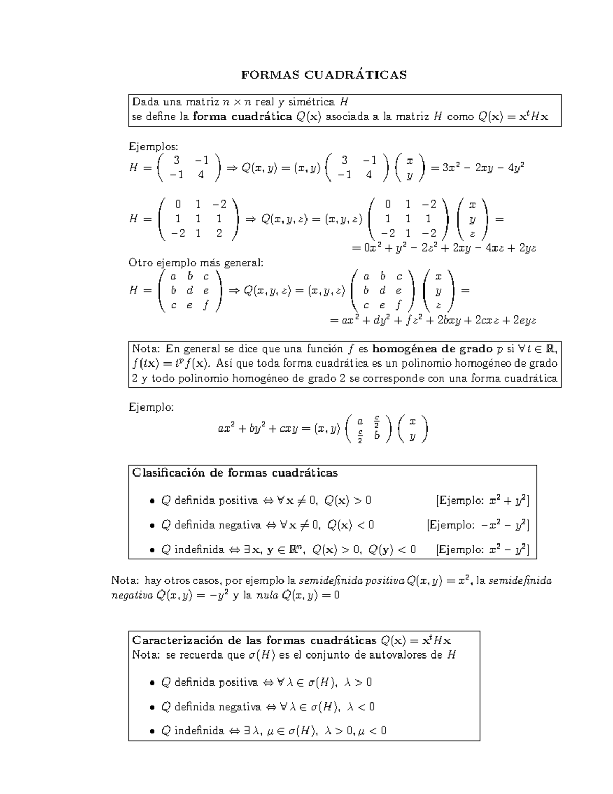 Formas-Cuadraticas - ´ FORMAS CUADRATICAS Dada una matriz n × n real y ...