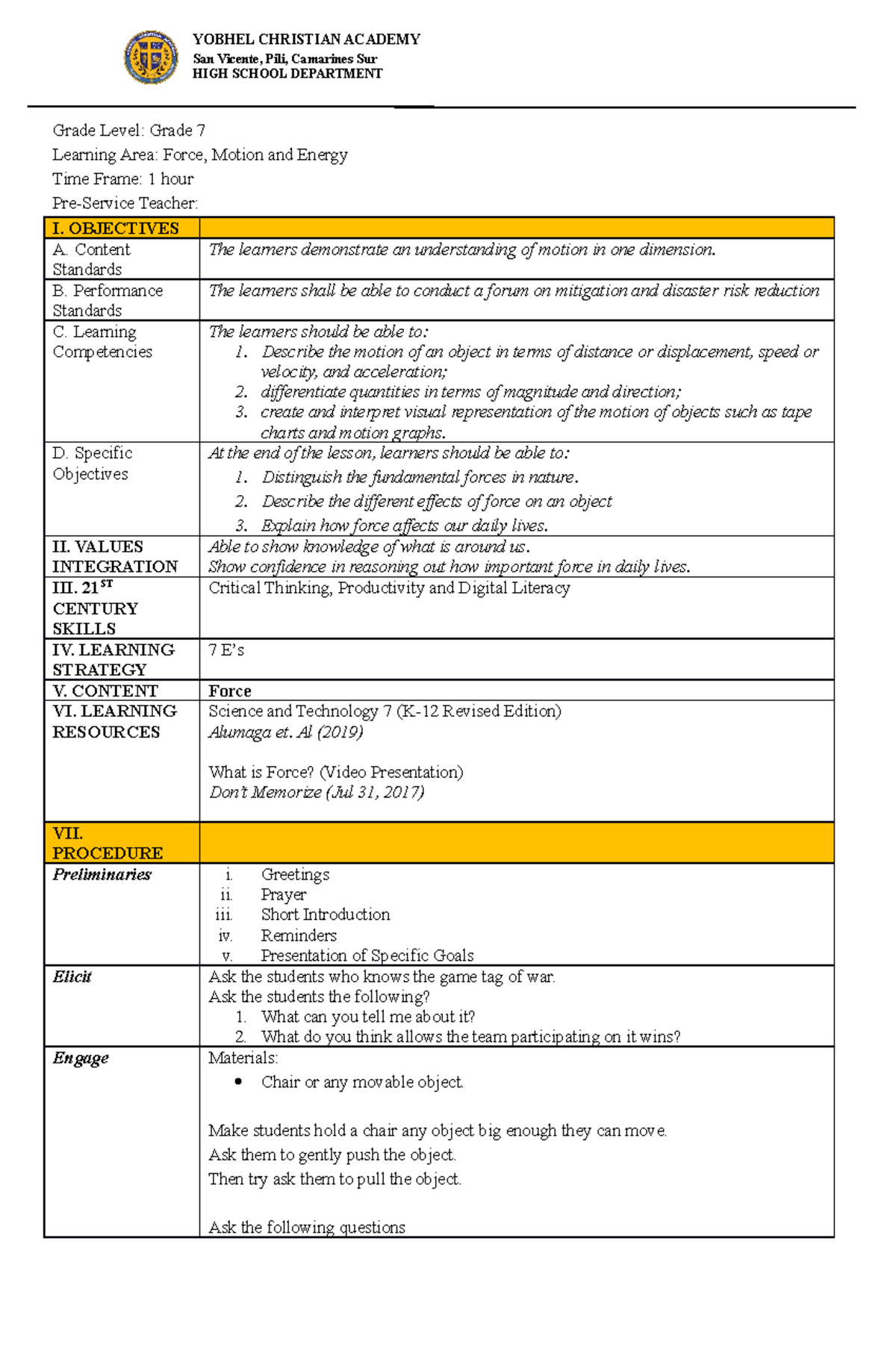 Force Lesson Plan 7 - YOBHEL CHRISTIAN ACADEMY San Vicente, Pili ...