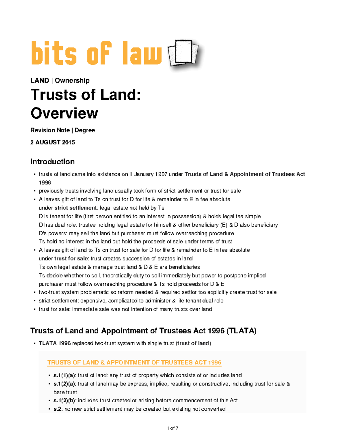 Trustsofland Land Law bits of law LAND Ownership Trusts of Land