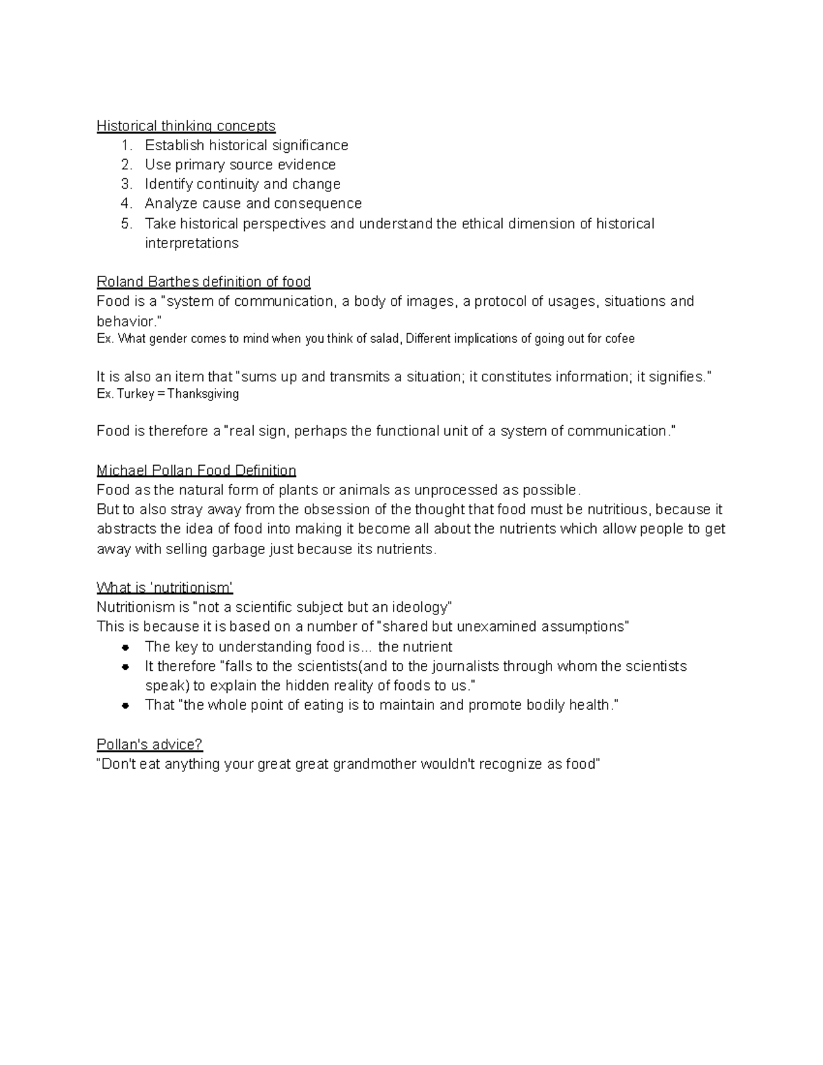 Food History Week 1 - Week 1 notes - Historical thinking concepts 1 ...