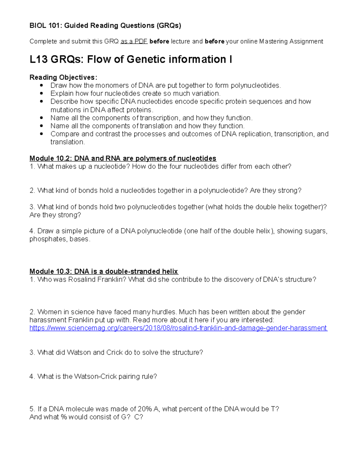 Lesson 13 GRQs Flow of Genetic information Part 1 - Complete and submit ...