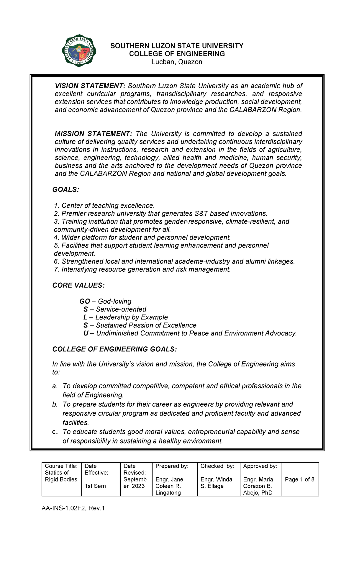 MEC 01 Course Syllabus 1st sem 2023 2024 - Course Title: Statics of ...