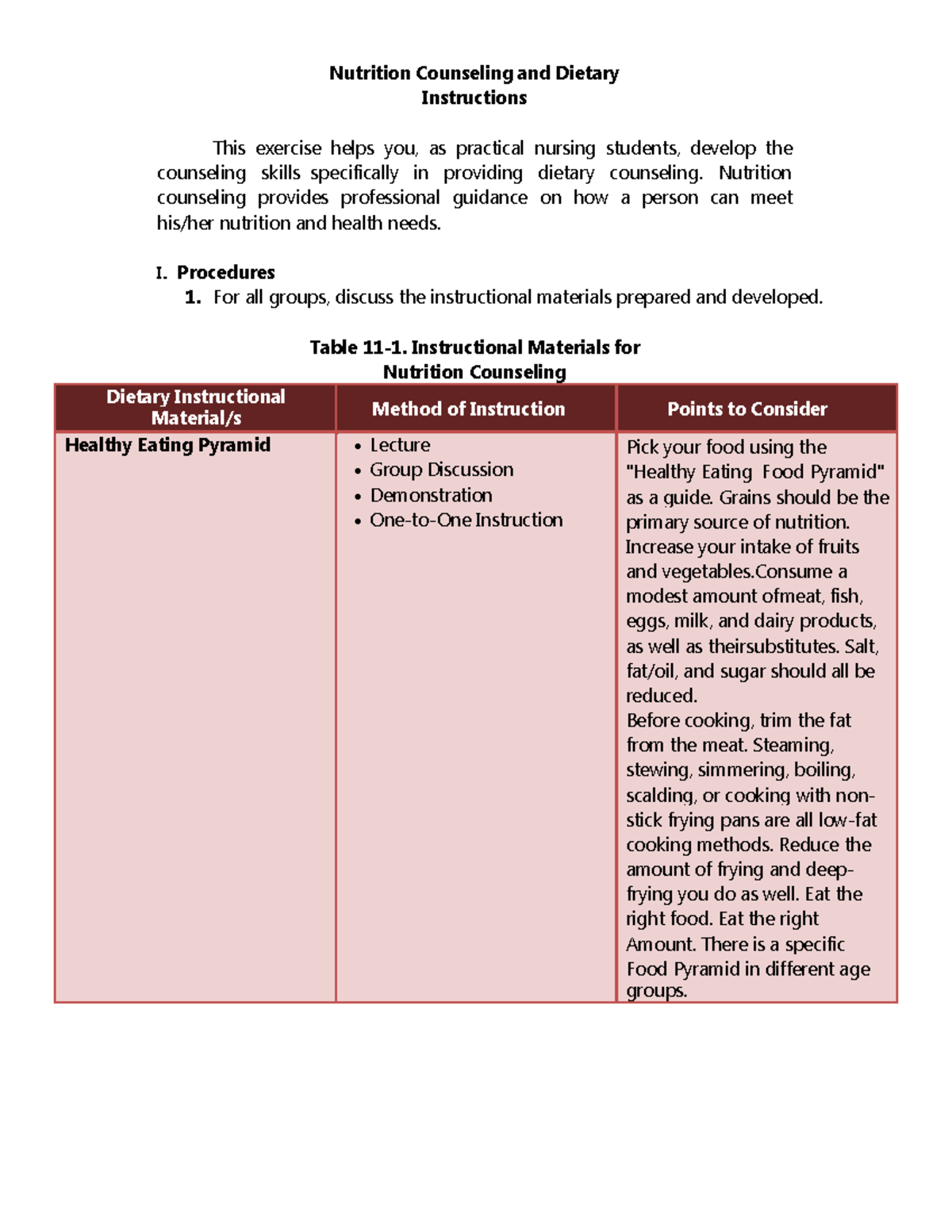 Nutrition Counseling and Dietary Instructions Nutrition Counseling