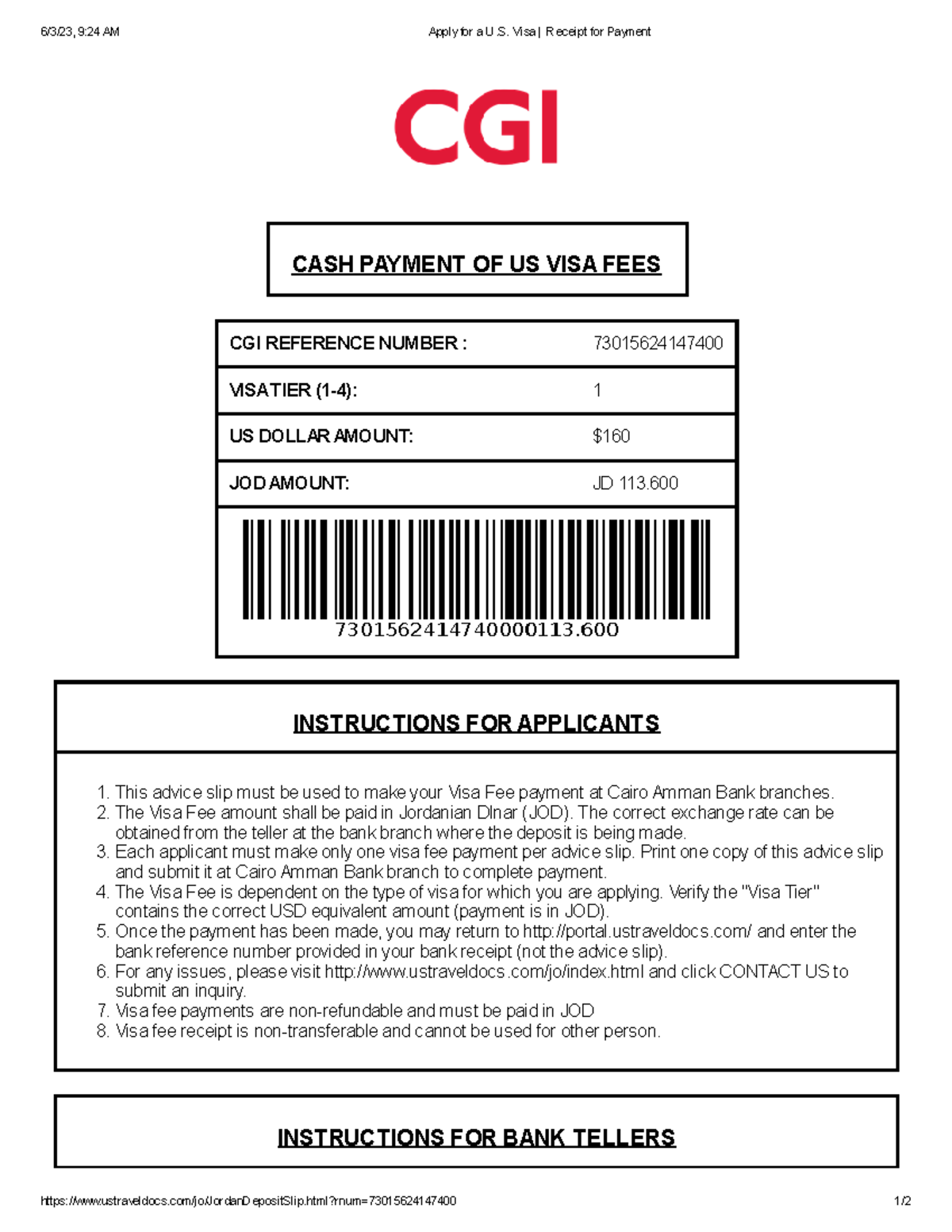 Apply for a U.S. Visa Receipt for Payment 6/3/23, 924 AM Apply for a