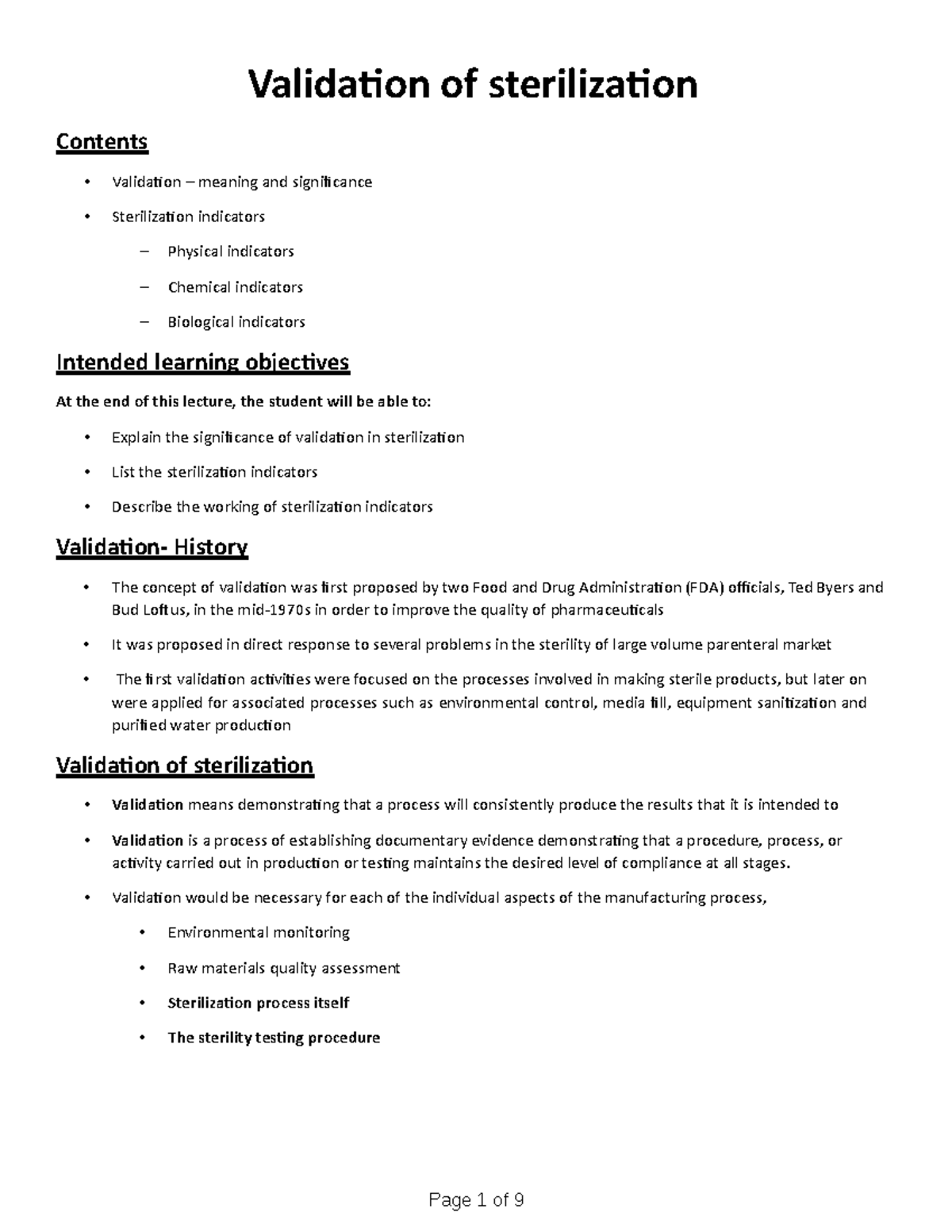 Validation of Sterilization Page 1 of 9 Contents Validation of sterilization Validation