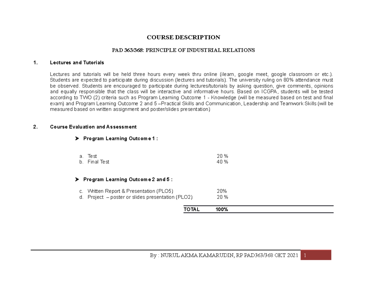 3. Course Description PAD363 OCT2021 - Trade Union - UiTM - Studocu