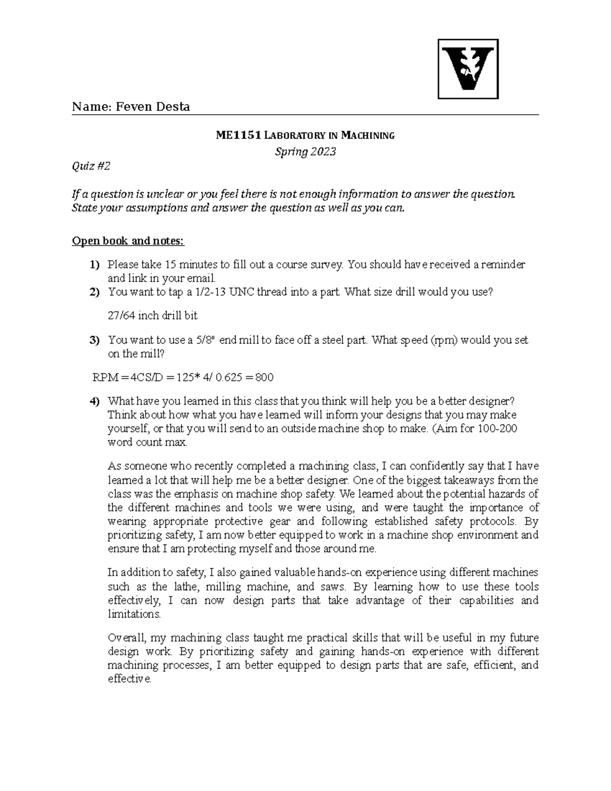 ME1151 L Quiz 22023 quiz 2 Name Feven Desta ME1151 LABORATORY IN
