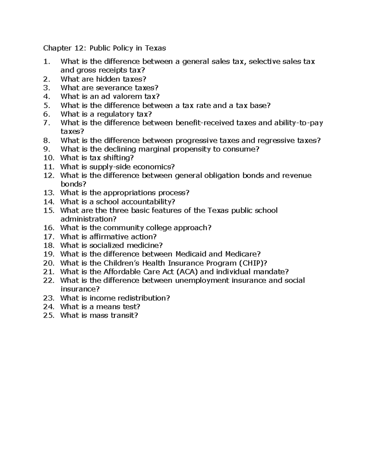 2306 TPT SQ Ch12 - NOTES - Chapter 12: Public Policy In Texas What Is ...