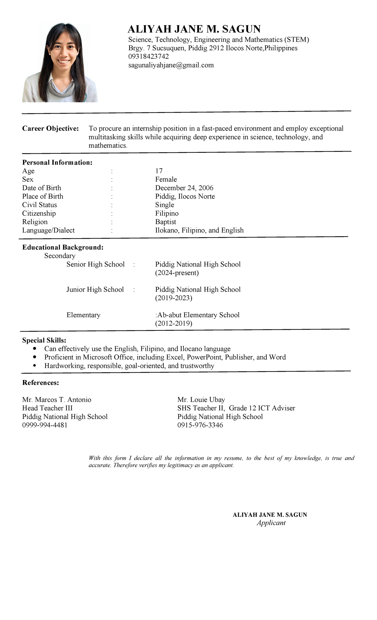 resume for job interviews - ALIYAH JANE M. SAGUN Science, Technology ...