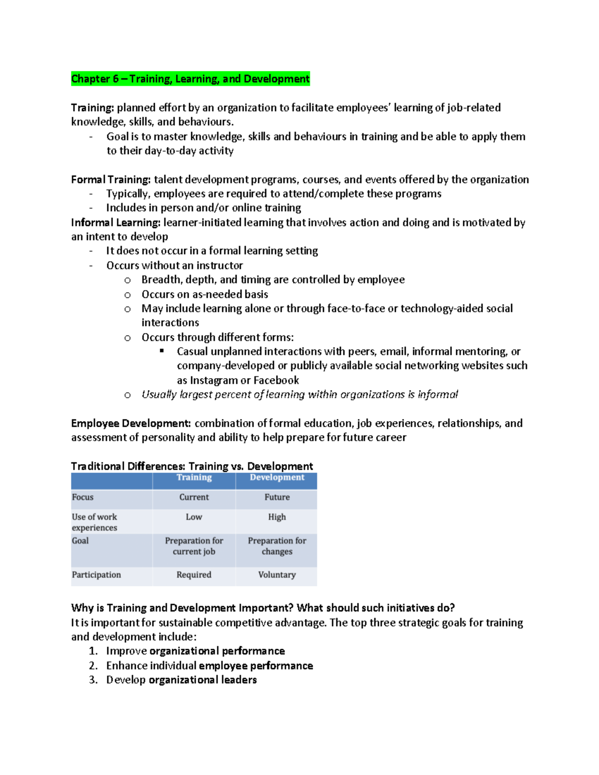 HR Final - notes - Chapter 6 – Training, Learning, and Development ...