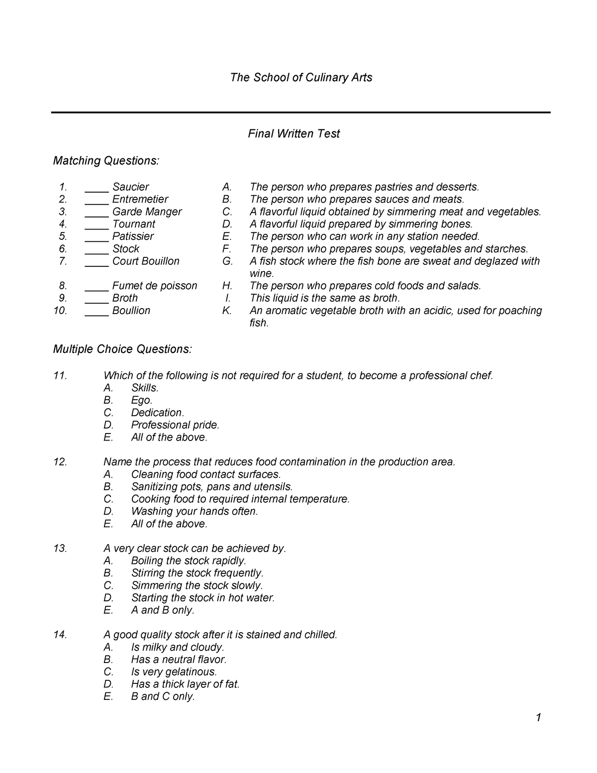 Silo - The School Of Culinary Arts Final Written Test Matching ...