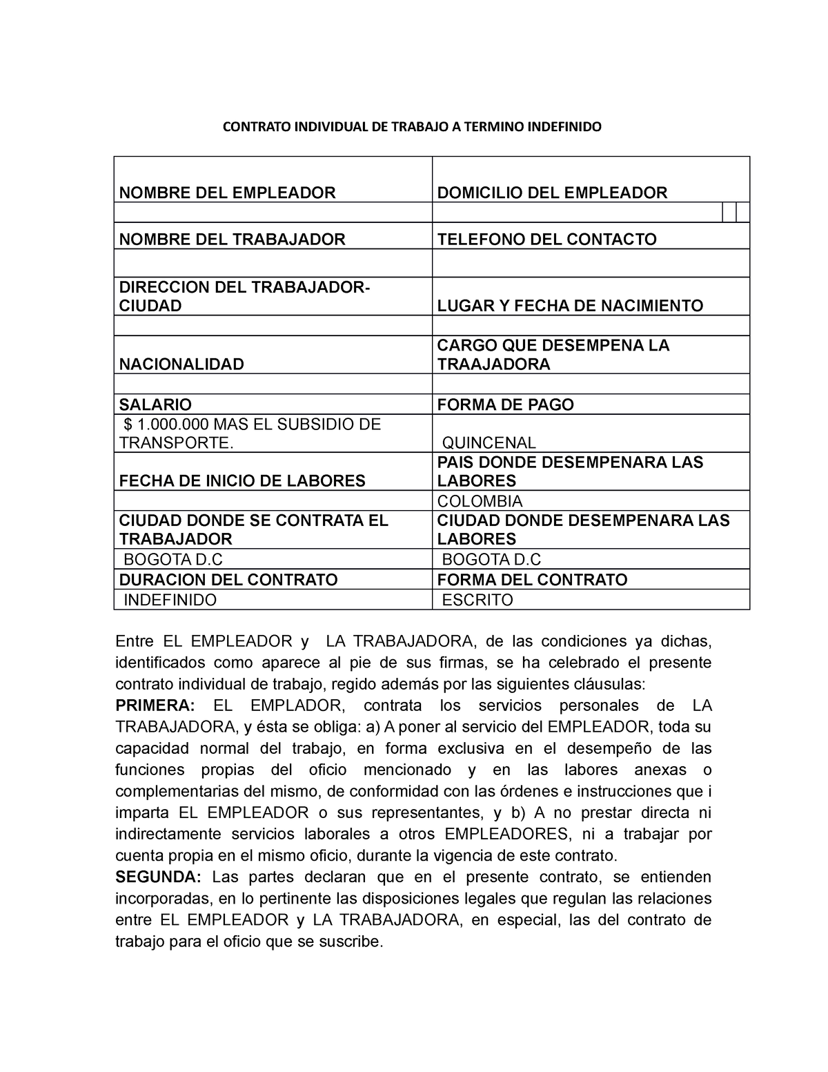 Contrato Modelo - CONTRATO INDIVIDUAL DE TRABAJO A TERMINO INDEFINIDO  NOMBRE DEL EMPLEADOR DOMICILIO - Studocu