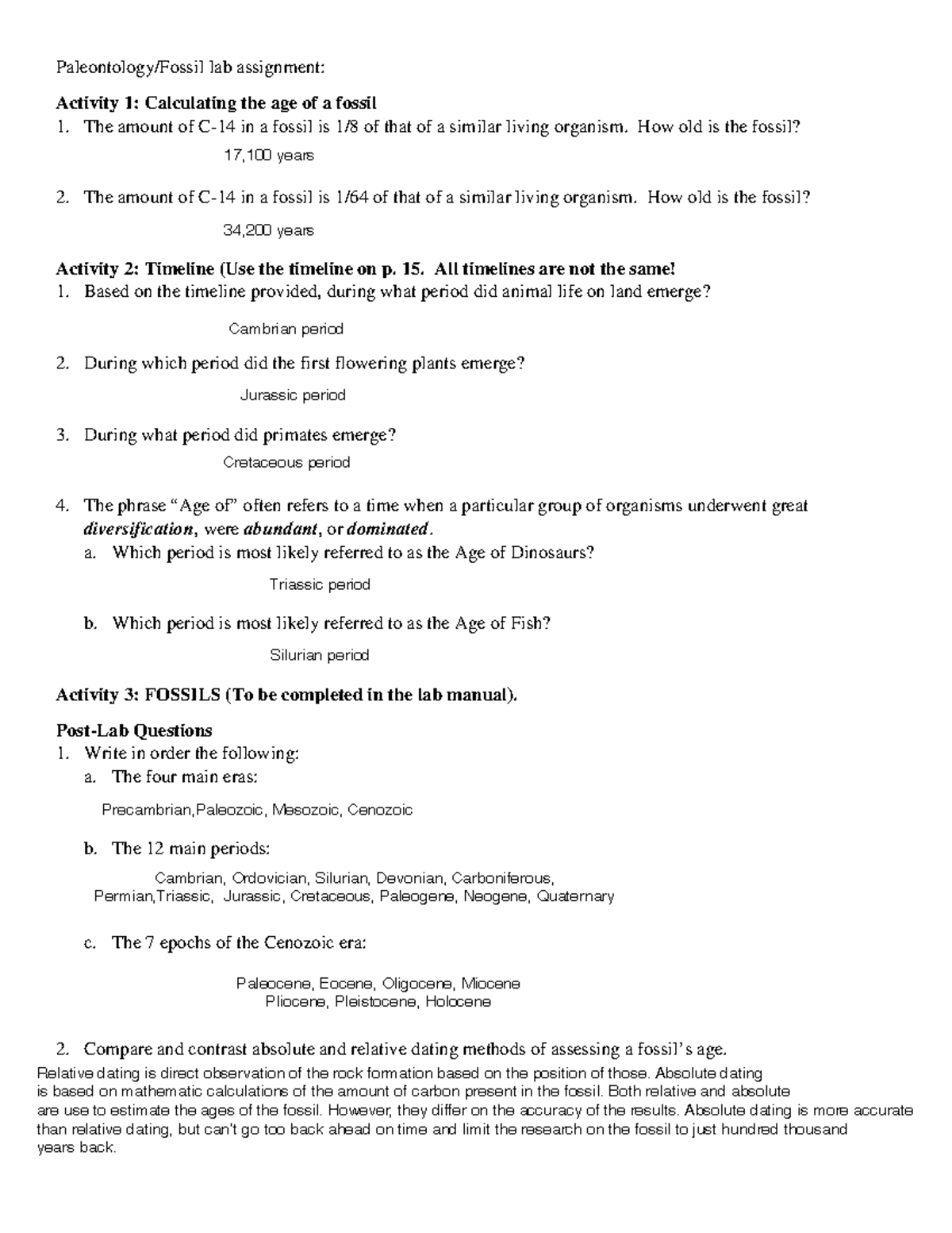 Paleontology Fossil lab Paleontology/Fossil lab assignment Activity