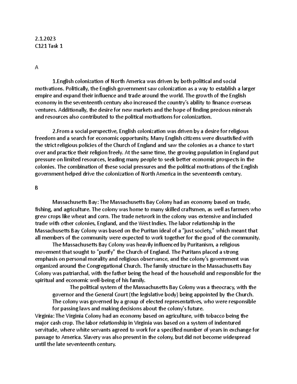 C121 Task 1 - Task 1 - 2. C121 Task 1 A 1 Colonization Of North America ...