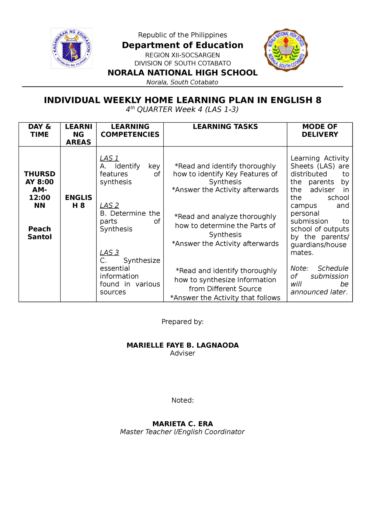 WEEKLY HOME LEARNING PLAN- English-8-week-4-q4 - Republic Of The ...