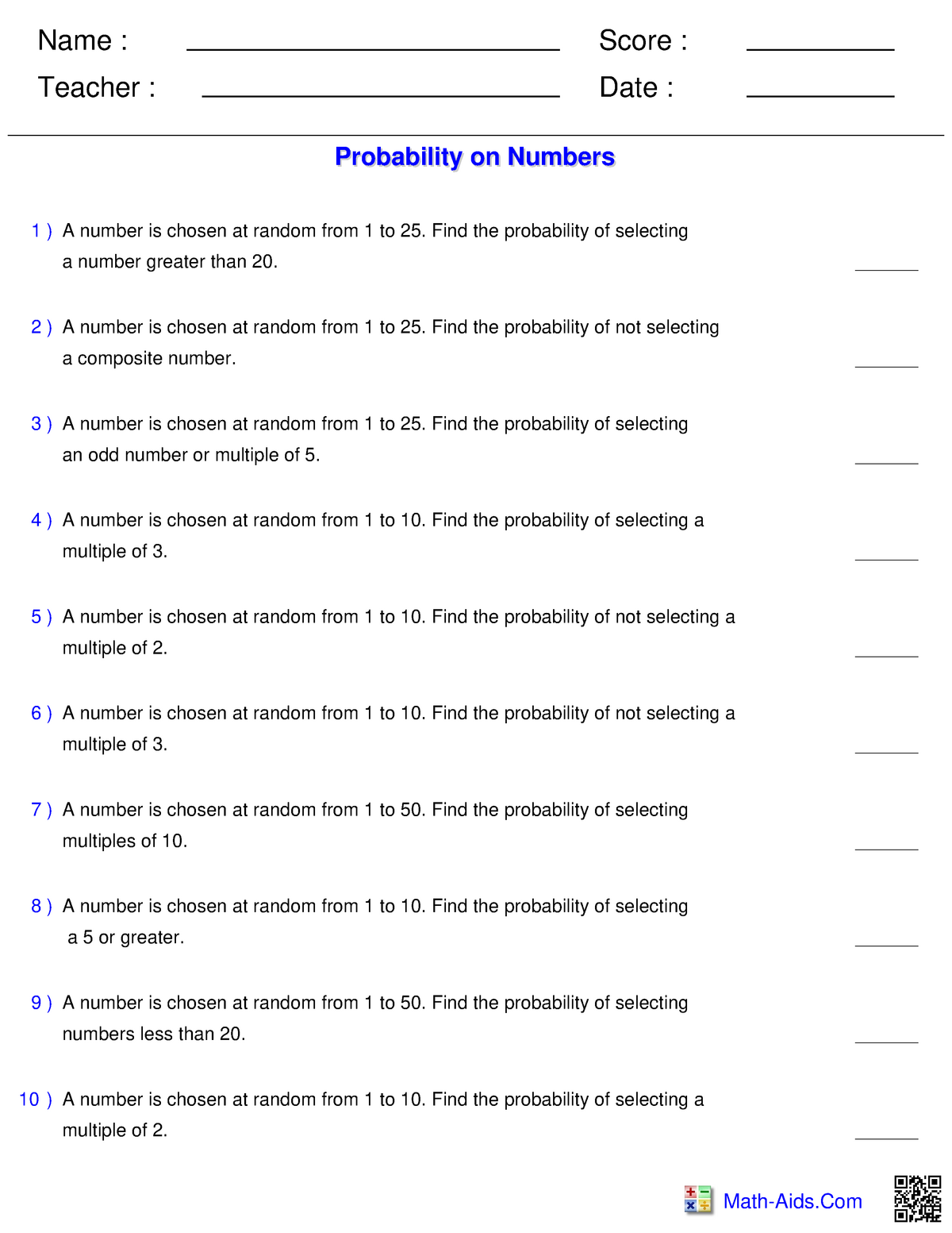 1612151196 Tk I6Dy H9Mk - Name : Teacher : Date : Score : Math-Aids ...