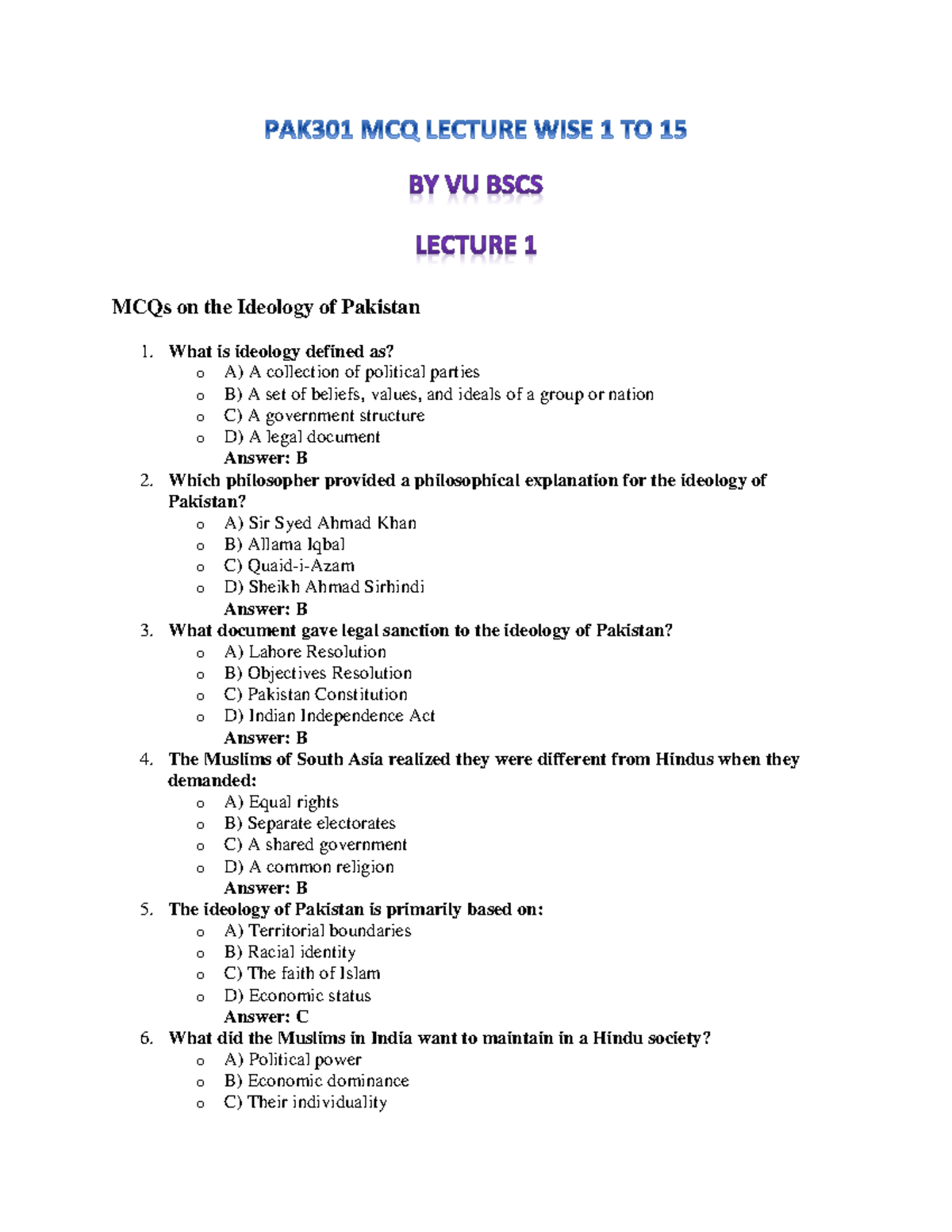 PAK301 MCQ Lecture WISE 1 TO 15-1 - MCQs on the Ideology of Pakistan 1 ...