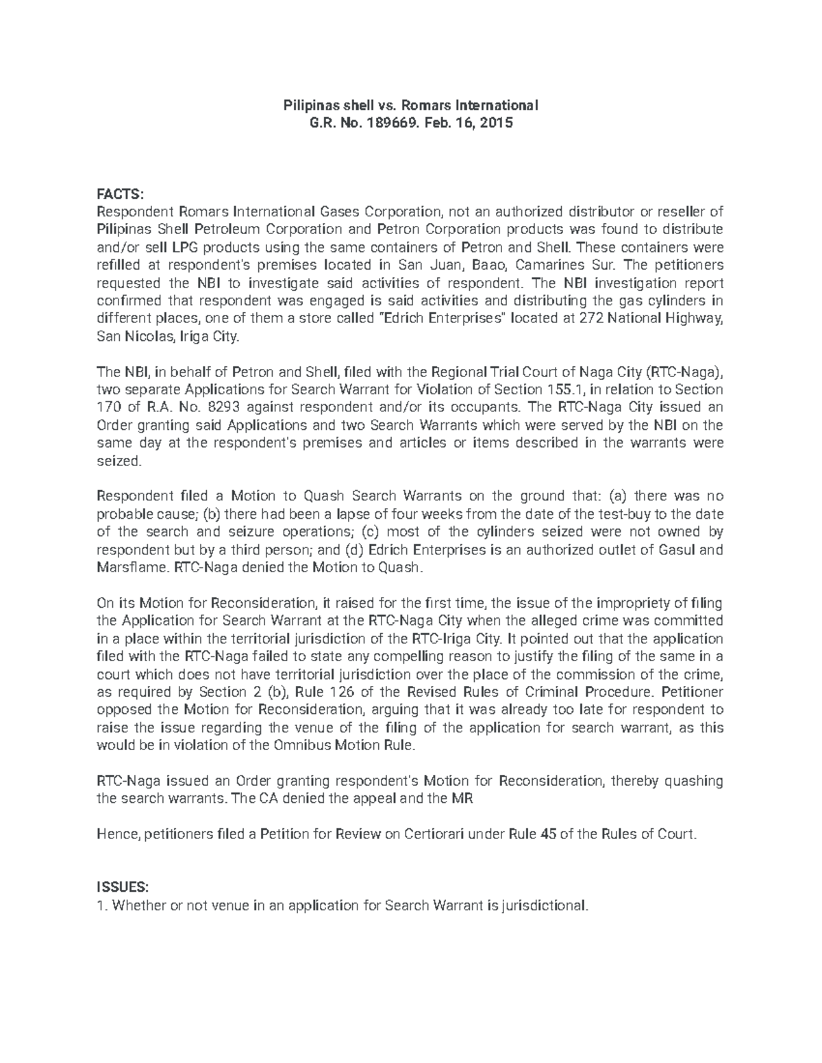 Cases Civ pro - Summary Juris Doctor - Pilipinas shell vs. Romars ...