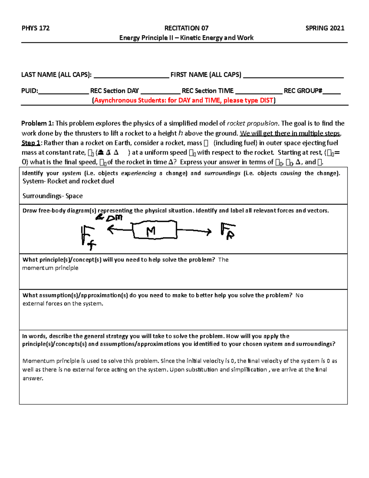 Phys172-Rec7 - Recitation 7 - PHYS 172 RECITATION 07 SPRING 2021 Energy ...