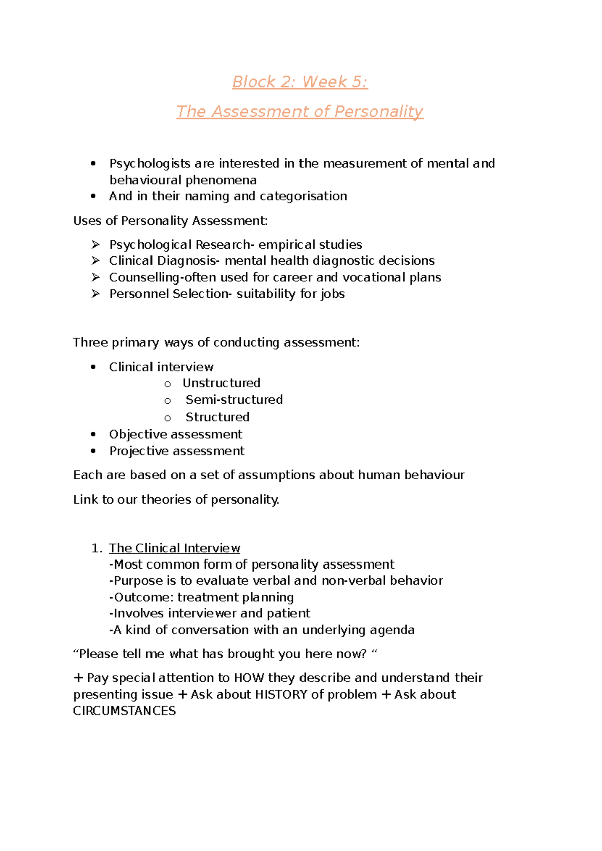 Block 2 week 5 notes - Block 2: Week 5: The Assessment of Personality ...