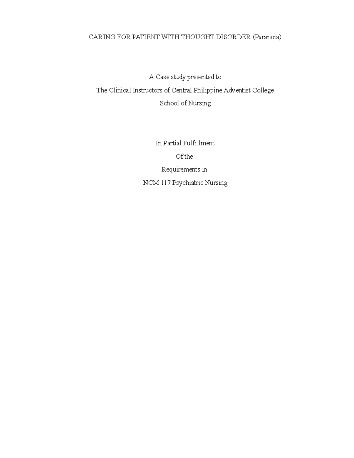 Caring FOR Patient WITH Thought Disorder - CARING FOR PATIENT WITH ...