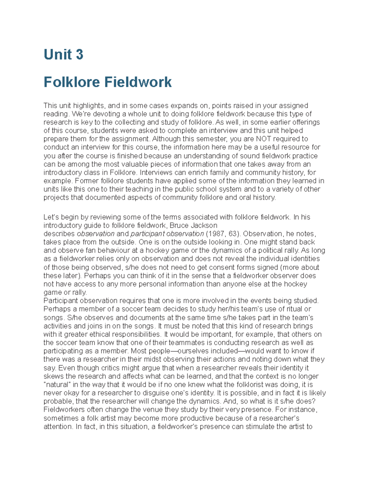 Unit 3 - Lecture notes Unit 3 - Unit 3 Folklore Fieldwork This unit ...