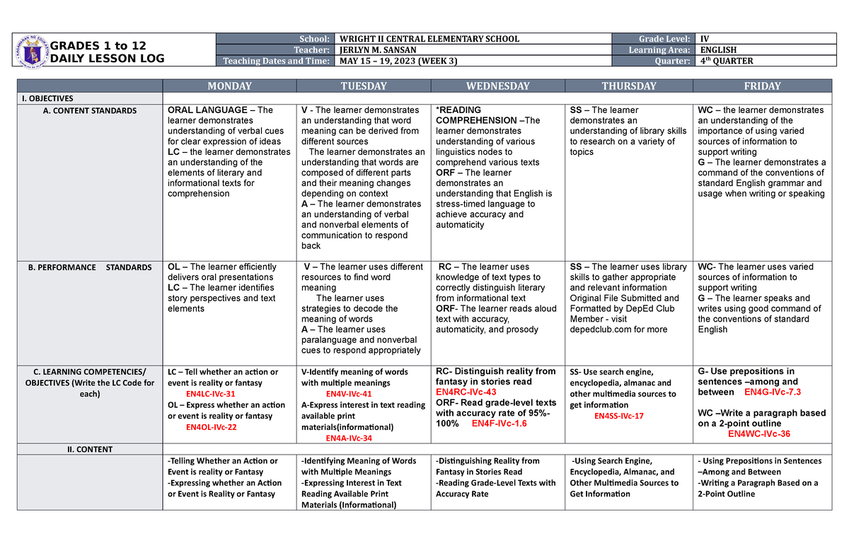 DLL English 4 Q4 W3 - Guide - GRADES 1 To 12 DAILY LESSON LOG School ...