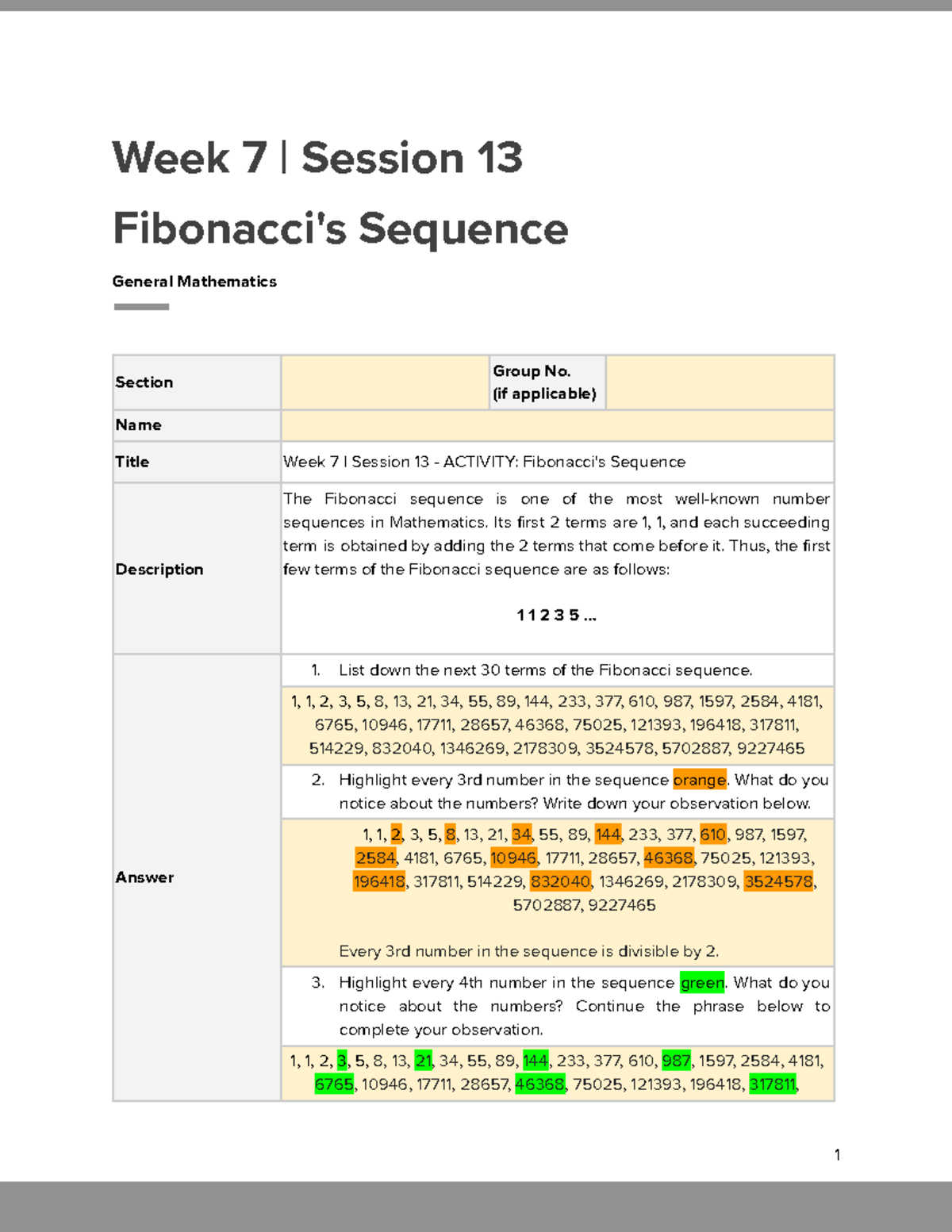Gen Math Week 7 FS - The Fibonacci sequence is one of the most well ...