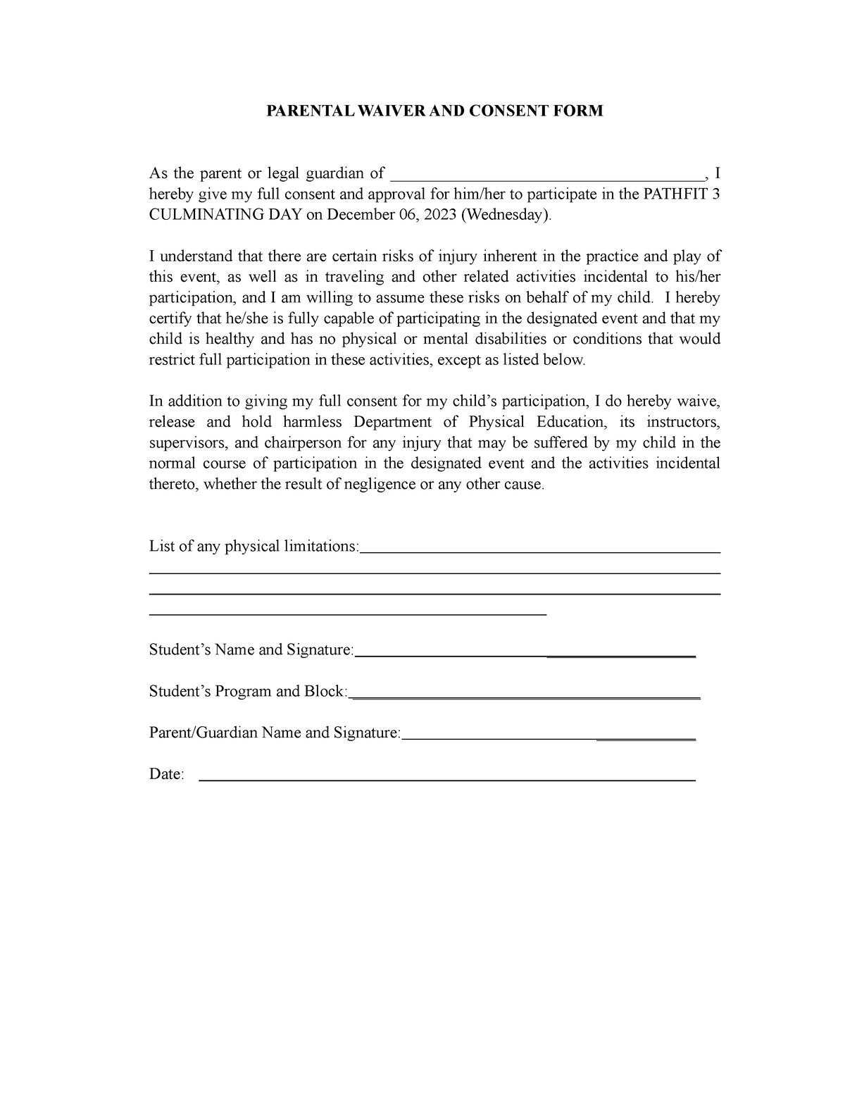 Parental Waiver AND Consent FORM - PARENTAL WAIVER AND CONSENT FORM As ...