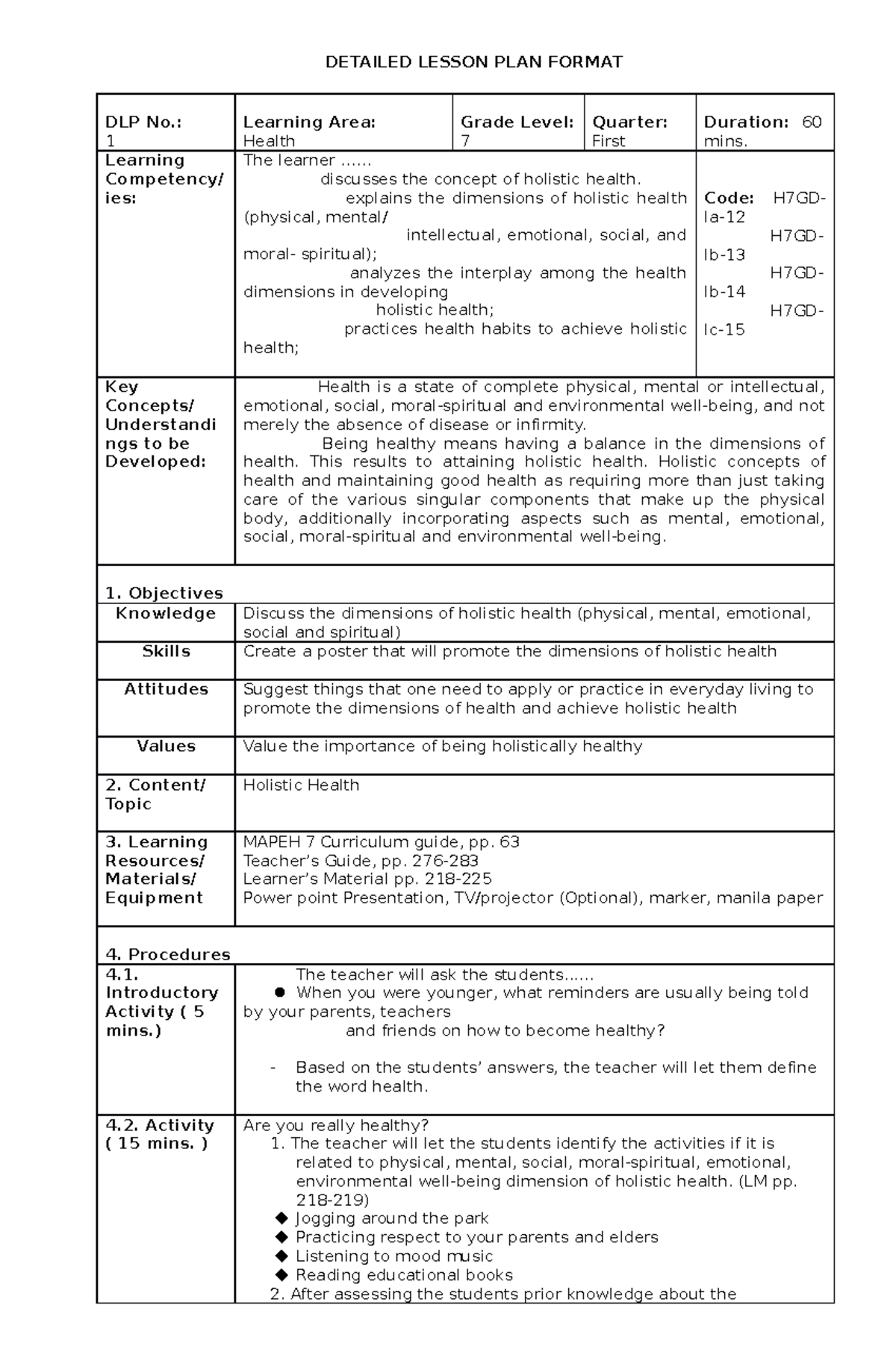 24 health dlp - DLP MAPEH 7 - DETAILED LESSON PLAN FORMAT DLP No.: 1 ...