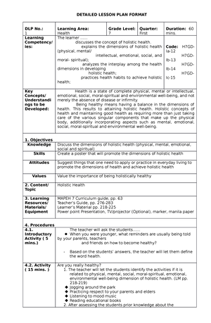 30 Health Dlp - DLP MAPEH 7 - DETAILED LESSON PLAN FORMAT DLP No.: 7 ...