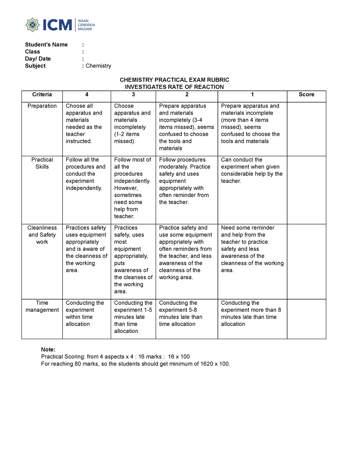 Chemistry Rubric Student S Name Class Day Date Subject   Thumb 1200 1553 