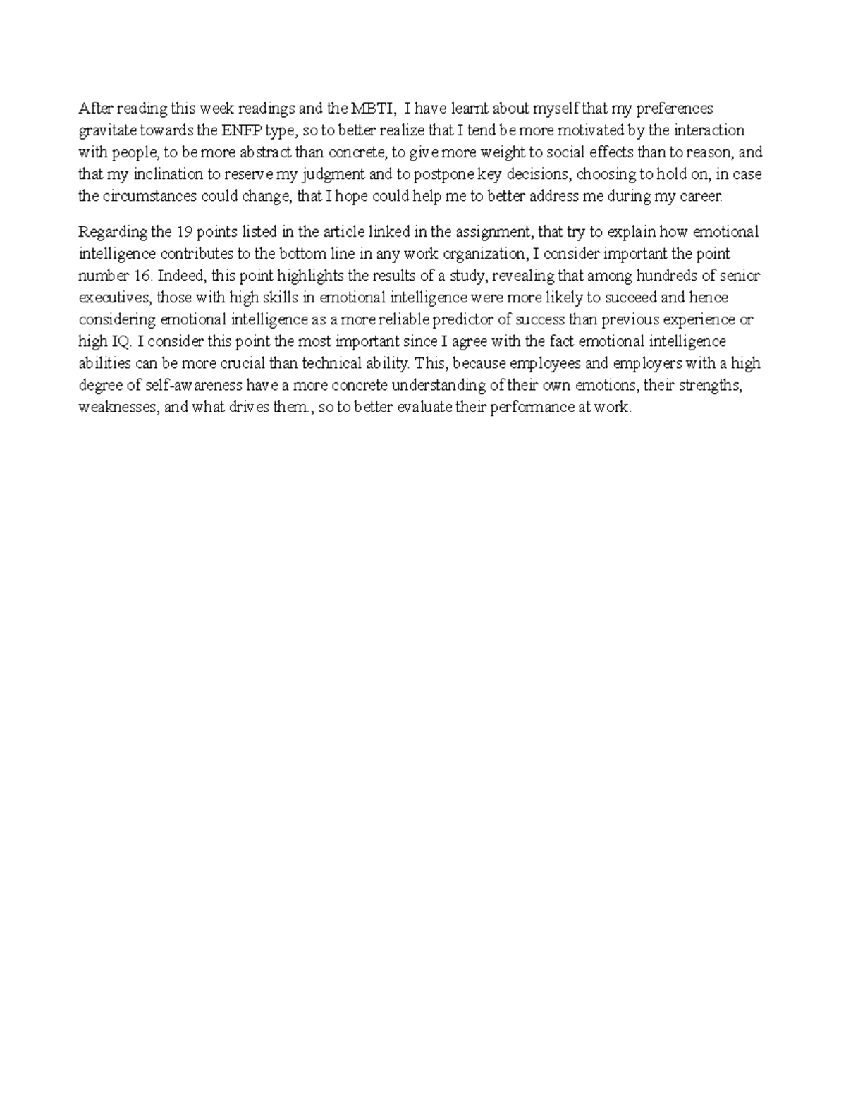Learning Journal Unit 1 - After reading this week readings and the MBTI ...
