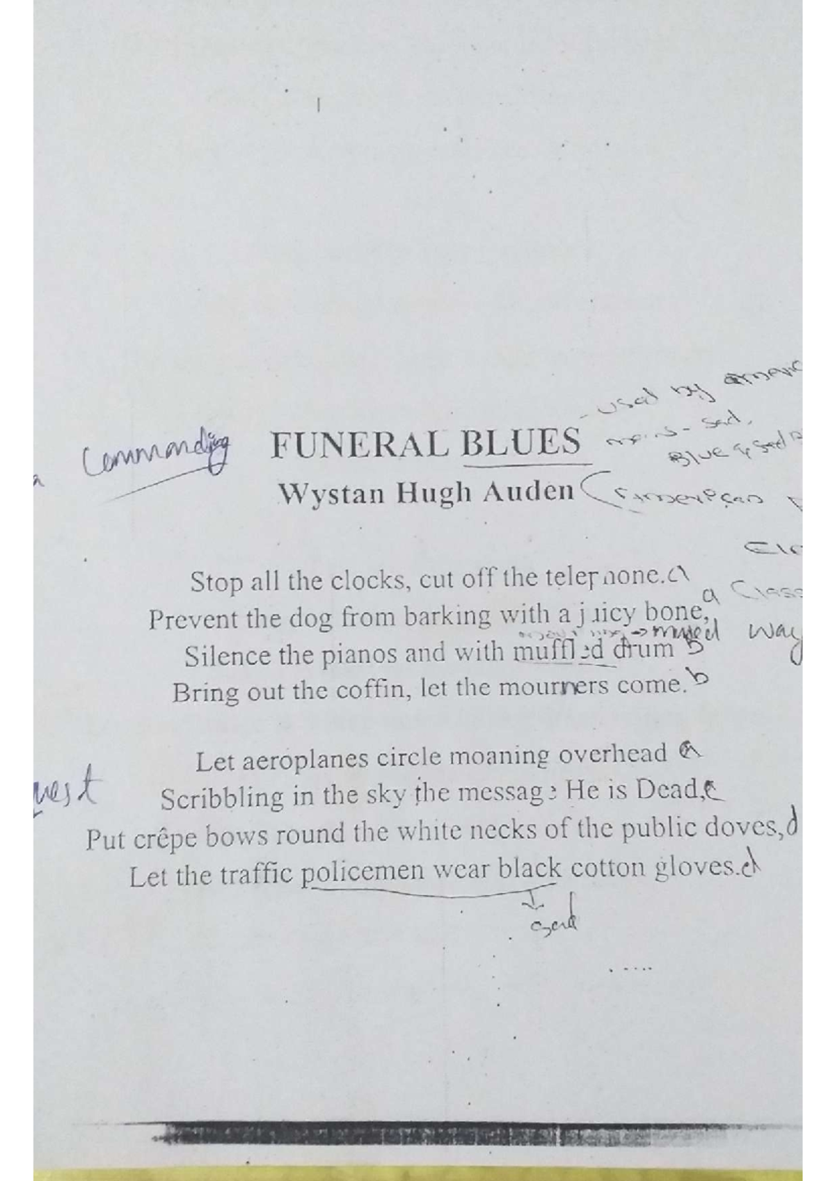 Funeral Blues by Wystan Hugh Auden Literature in English American and