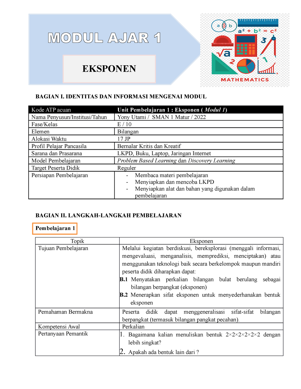 Modul Ajar 1 - BAGIAN I. IDENTITAS DAN INFORMASI MENGENAI MODUL Kode ...