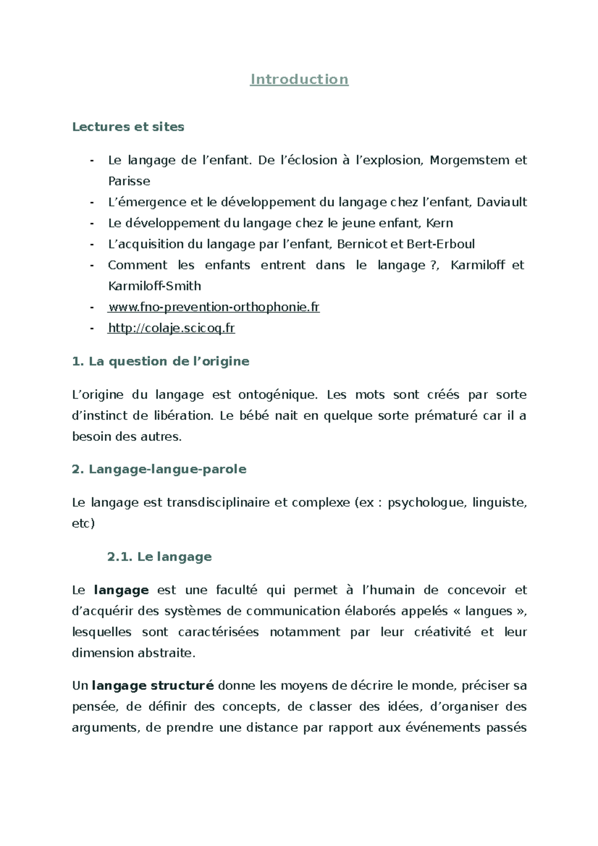 Introduction - Introduction Lectures et sites Le langage de l’enfant ...
