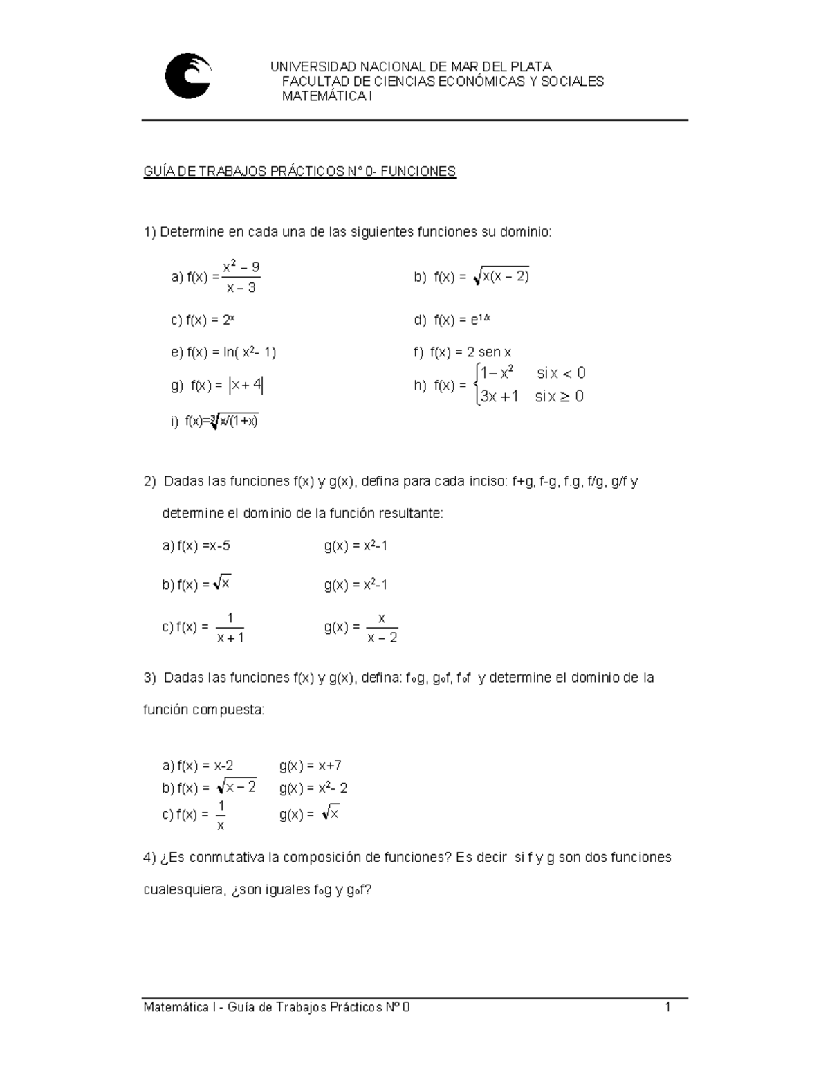 Guia De Funciones Facultad De Ciencias Econ Micas Sociales Matem Tica Gu De Studocu